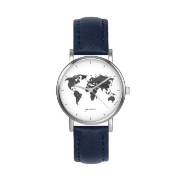 Zegarek yenoo - Mapa świata biała oznaczenia - granatowy, skórzany