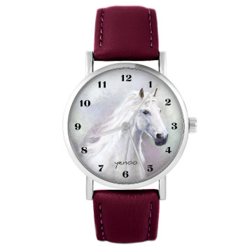 Zegarek yenoo - Biały koń cyfry - burgund, skórzany