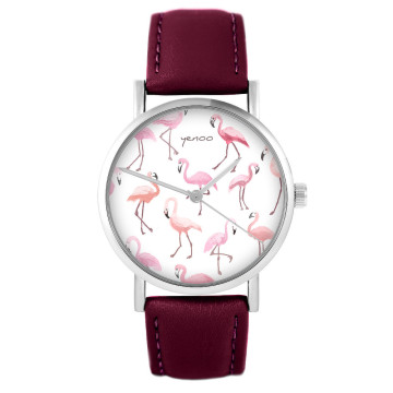 Zegarek yenoo - Flamingi - burgund, skórzany