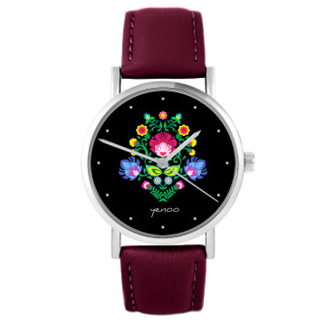 Zegarek yenoo - Folkowy czarny - burgund, skórzany