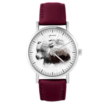 Zegarek yenoo - Into the wild - Niedźwiedź - burgund, skórzany