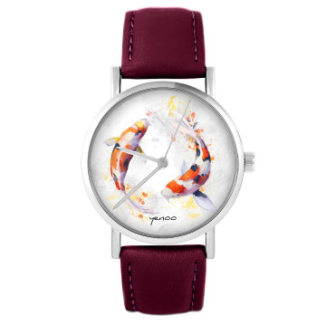 Zegarek yenoo - Karpie Koi - burgund, skórzany