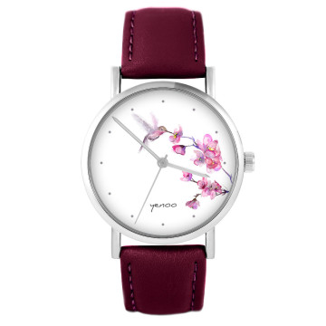 Zegarek yenoo - Koliber oznaczenia - burgund, skórzany