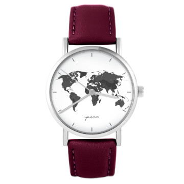 Zegarek yenoo - Mapa świata biała oznaczenia - burgund, skórzany