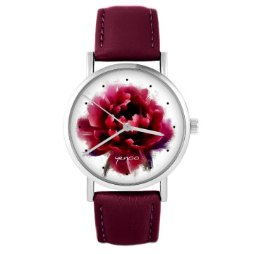 Zegarek yenoo - Piwonia - burgund, skórzany