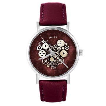 Zegarek yenoo - Serce Steampunk czerwone - burgund, skórzany