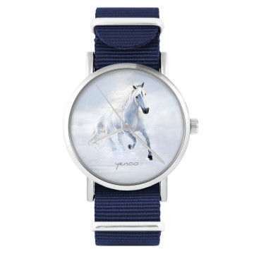 Zegarek yenoo - Biały koń biegnący - granatowy, nylonowy