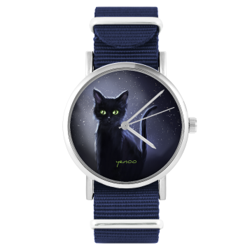 Zegarek yenoo - Czarny kot, noc - granatowy, nylonowy