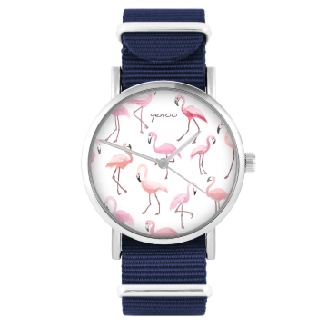 Zegarek yenoo - Flamingi - granatowy, nylonowy