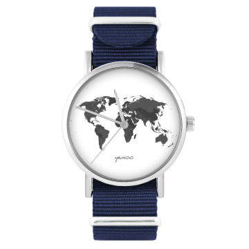 Zegarek yenoo - Mapa świata, jasna - granatowy, nylonowy