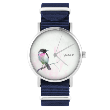 Zegarek yenoo - Pastelowy ptaszek - granatowy, nylonowy