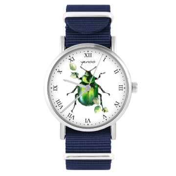 Zegarek yenoo - Zielony żuczek - granatowy, nylonowy