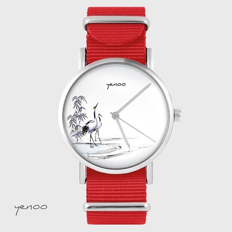 Watch - sumi-e cranes - red, nylon