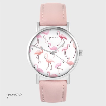 Zegarek yenoo - Flamingi - pudrowy róż, skórzany
