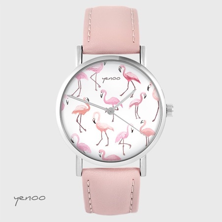 Yenoo watch - Flamingos - powder pink, leather