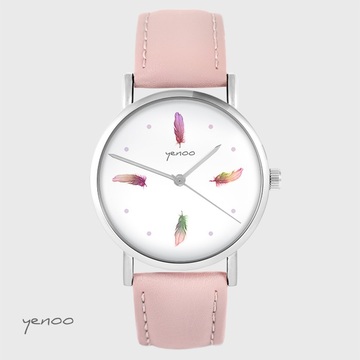 Zegarek yenoo - Kolorowe piórka - pudrowy róż, skórzany