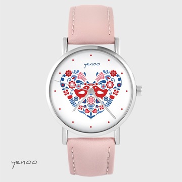 Yenoo watch - Folk birds - powder pink, leather