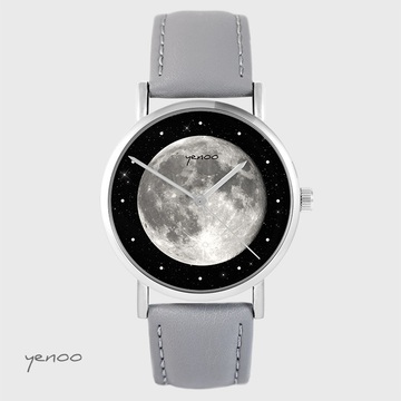 Zegarek yenoo - Księżyc - szary, skórzany