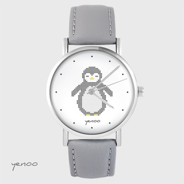 Zegarek yenoo - Pingwin, oznaczenia - szary, skórzany