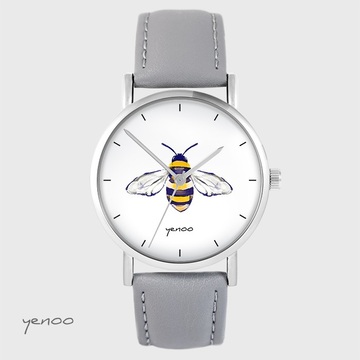 Zegarek yenoo - Pszczoła - szary, skórzany