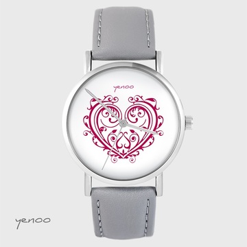 Zegarek yenoo - Serce ornamentowe - szary, skórzany