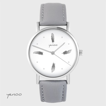 Yenoo watch - Gray feathers - gray, leather