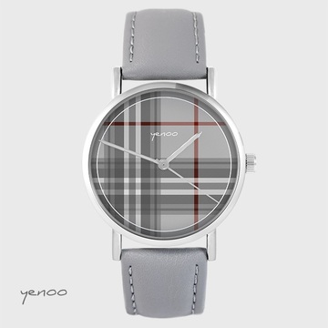 Zegarek yenoo - Szkocka krata - szary, skórzany
