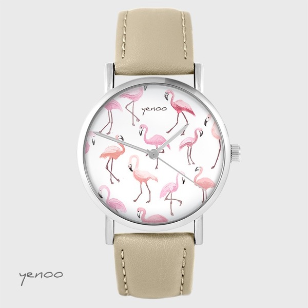 Yenoo watch - Flamingos - beige, leather