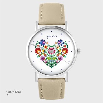 Zegarek yenoo - Folkowe serce - beżowy, skórzany
