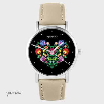 Zegarek yenoo - Folkowe serce, czarne - beżowy, skórzany