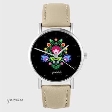 Zegarek yenoo - Folkowy, czarny - beżowy, skórzany