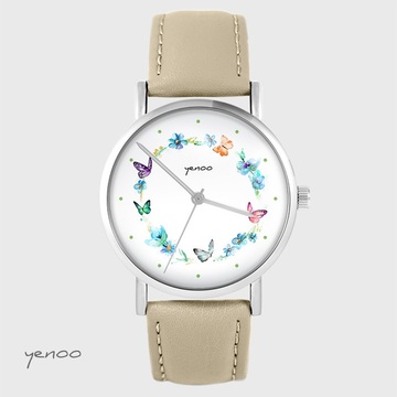Zegarek yenoo - Kolorowy wianek - beżowy, skórzany