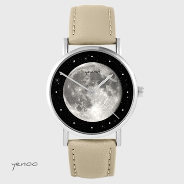 Zegarek yenoo - Księżyc - beżowy, skórzany