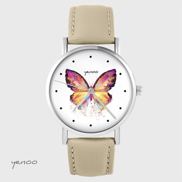 Zegarek yenoo - Motyl - beżowy, skórzany