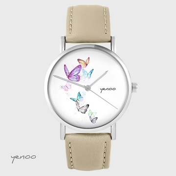 Zegarek yenoo - Motyle - beżowy, skórzany