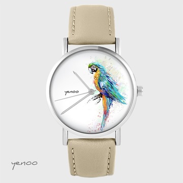 Zegarek yenoo - Papuga turkusowa - beżowy, skórzany