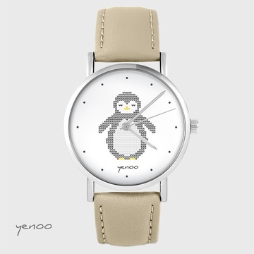 Zegarek yenoo - Pingwin, oznaczenia - beżowy, skórzany