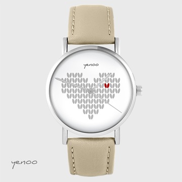 Zegarek yenoo - Serce dziergane - beżowy, skórzany
