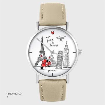 Zegarek yenoo - Time to travel - beżowy, skórzany