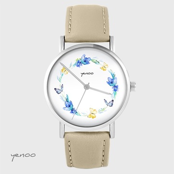 Zegarek yenoo - Wianek motyle - beżowy, skórzany
