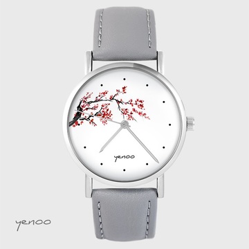 Zegarek yenoo - Kwitnąca wiśnia - szary, skórzany