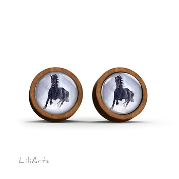 Wooden earrings - Black running horse - sticks